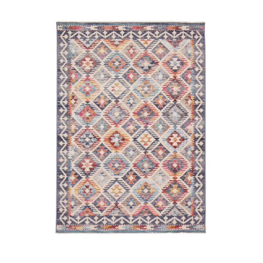 Mohaw Multicolour tæppe med geometriske mønstre og afdæmpede farver, inspireret af Kelim-design.