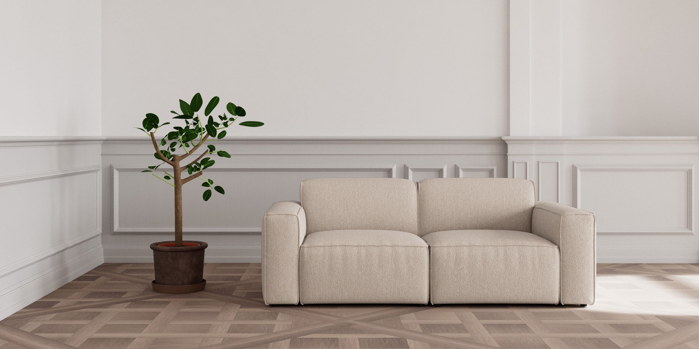 Moderne element modulsofa i grå stof med lys flot bord og dekorative elementer, produceret i Europa.