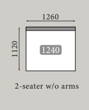 Mål for 2-personers sofa uden armlæn, 1260 mm bredde og 1120 mm højde.