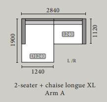 Målskitse af 2-personers sofa med XL chaise longue Arm A, mål i cm.