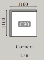 Målsætning af hjørnesofa med C90 design, 1100 mm x 1100 mm, venstre/højre konfiguration.