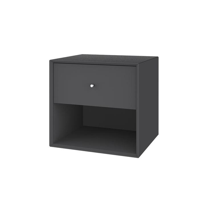 Graphite grå væghængt sengebord med alu håndtag - mørk MDF natbord med skuffe